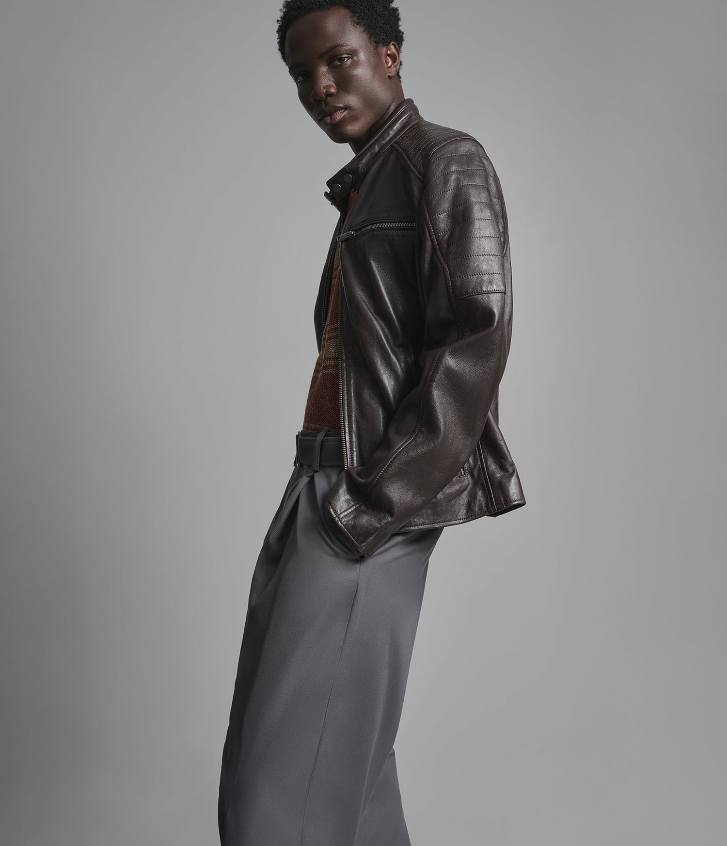 Men's Chocolate Brown Cafe Racer Leather Jacket