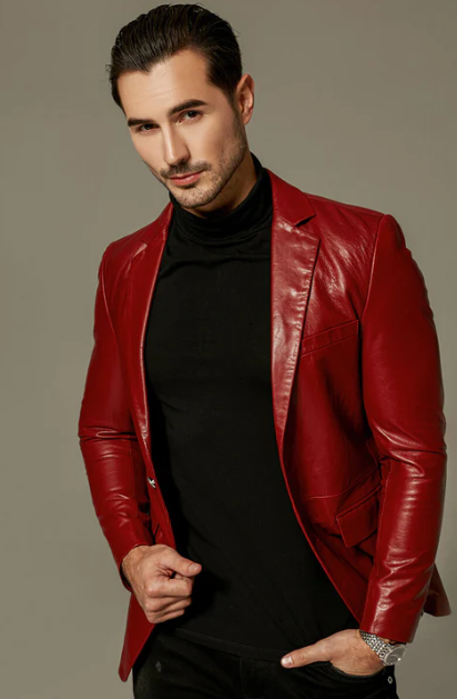 Men's Classic Leather Blazer In Red