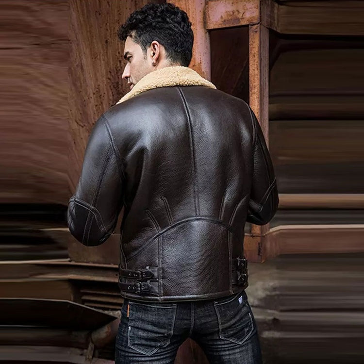 Men's Coffee Brown Aviator Fur Leather Jacket With Straped Collar