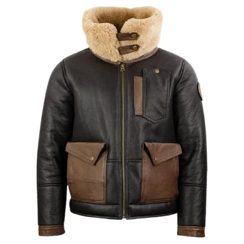 Men's Coffee Brown Fur Aviator Leather Jacket