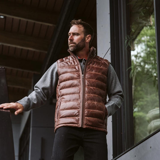 Men's Coffee Brown Puffer Leather Vest