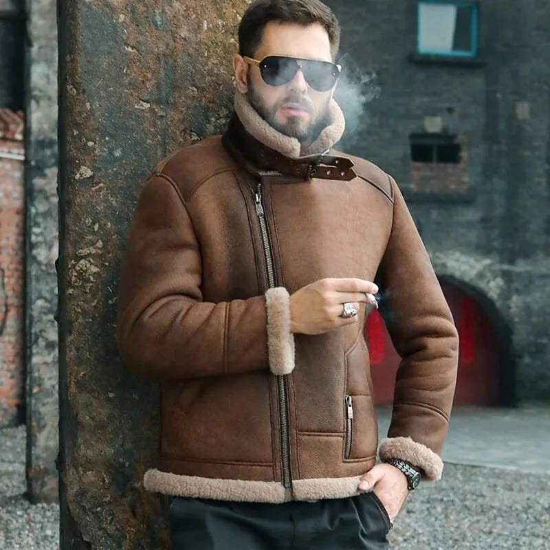 Men's Dark Brown B3 Sheepskin Biker Leather Jacket - Arcane Fox