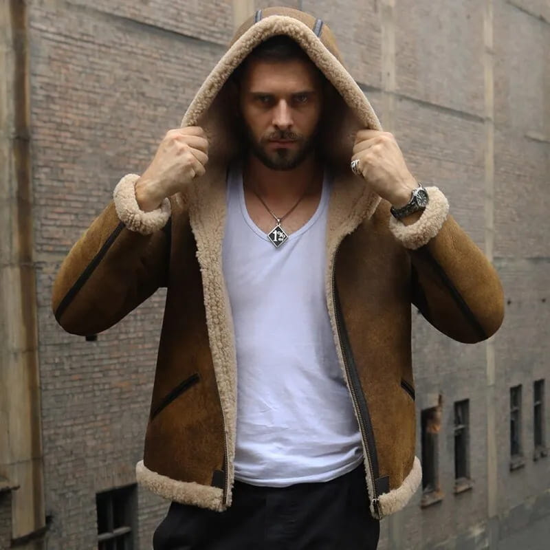 Men's Dark Brown B3 Sheepskin Distressed Leather Jacket With Hood - Arcane Fox