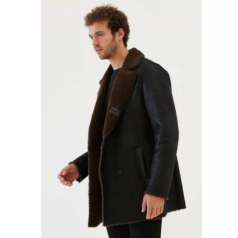 Men's Dark Brown Fur Shearling Coat In Black