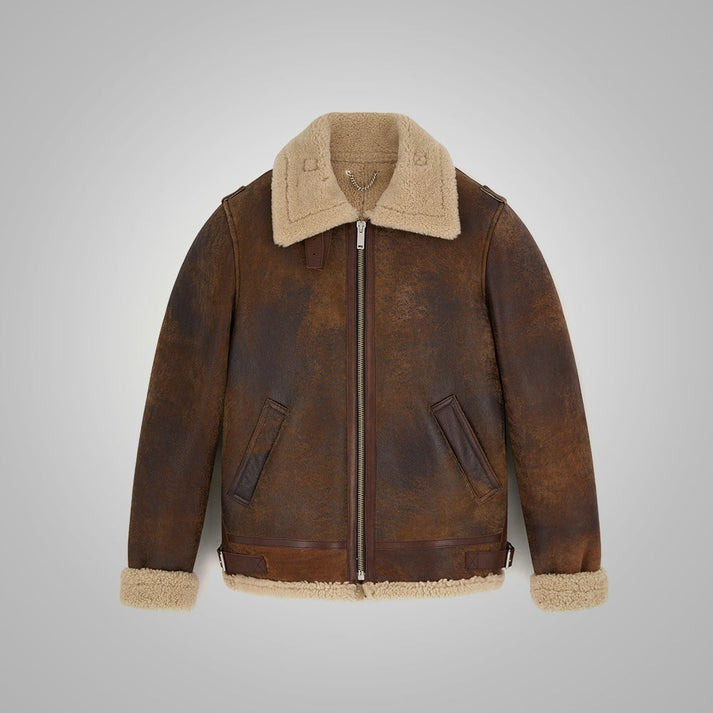 Men's Dark Brown Shearling Distressed B7 Leather Jacket