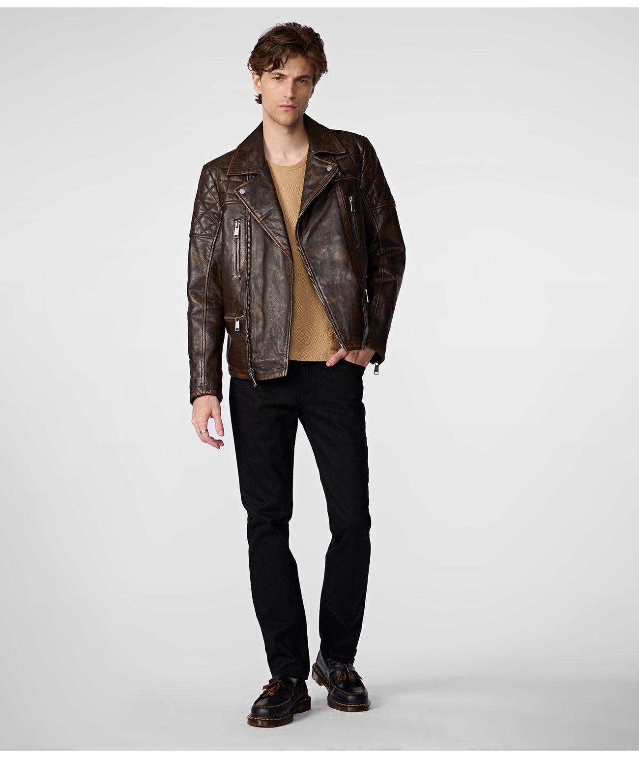 Men's Distressed Biker Leather Jacket In Dark Brown
