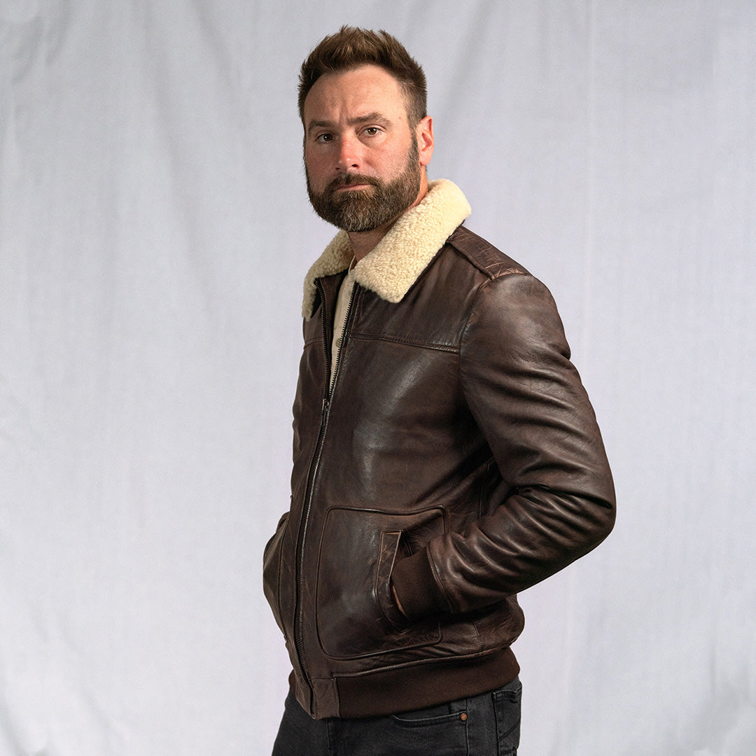 Men's Distressed Shearling Bomber Leather Jacket In Dark Brown