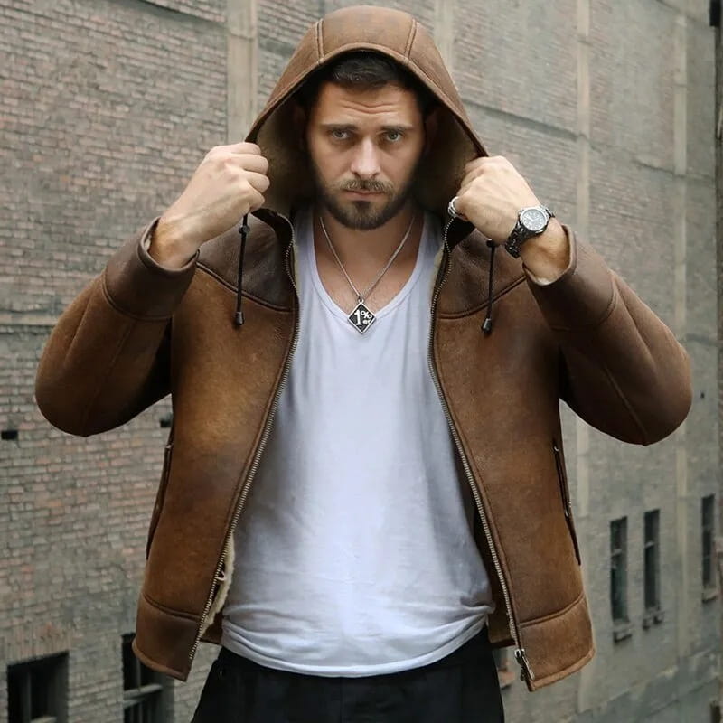 Men's Distressed Shearling Hooded Leather Jacket In Dark Brown