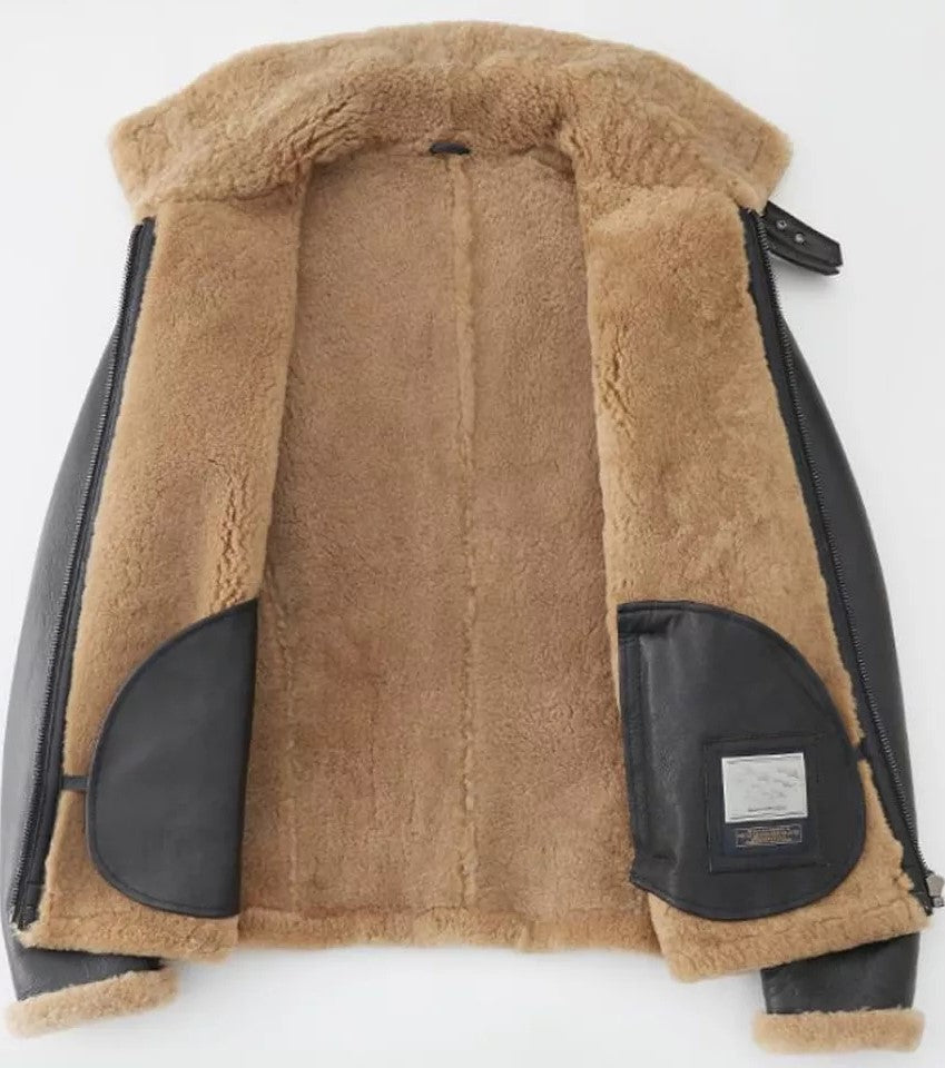 Men's Fur B3 Bomber Black Leather Jacket