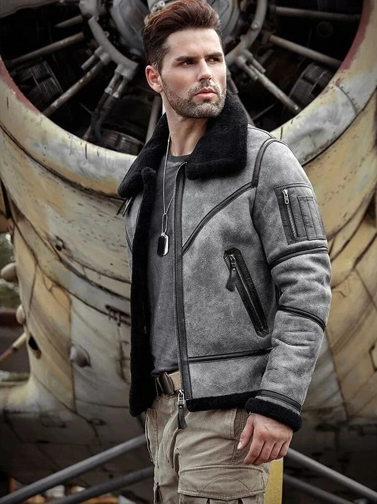 Arcane Fox - Men's Gray B3 Aviator Shearling Leather Jacket