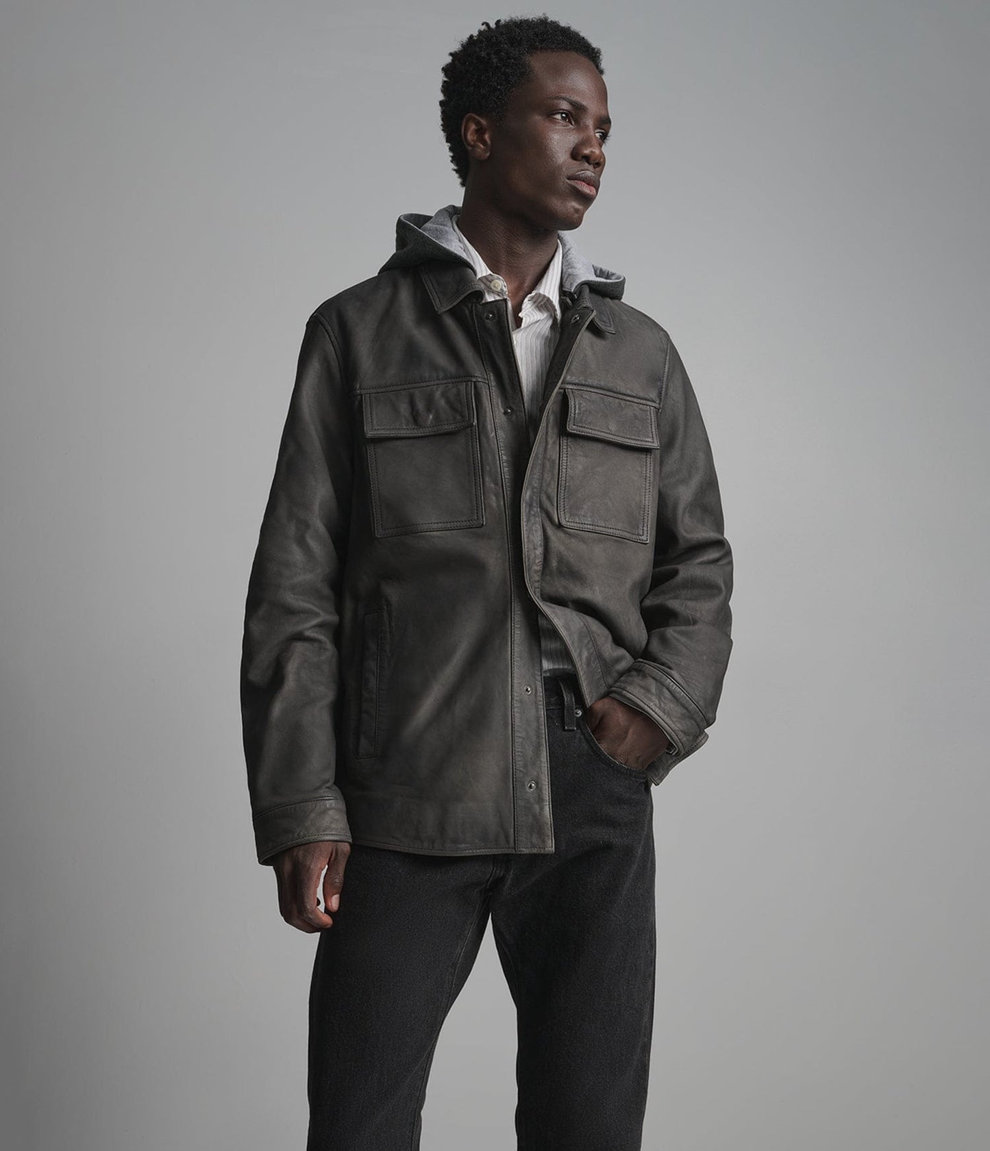 Men's Gray Trucker Leather Jacket - Arcane Fox
