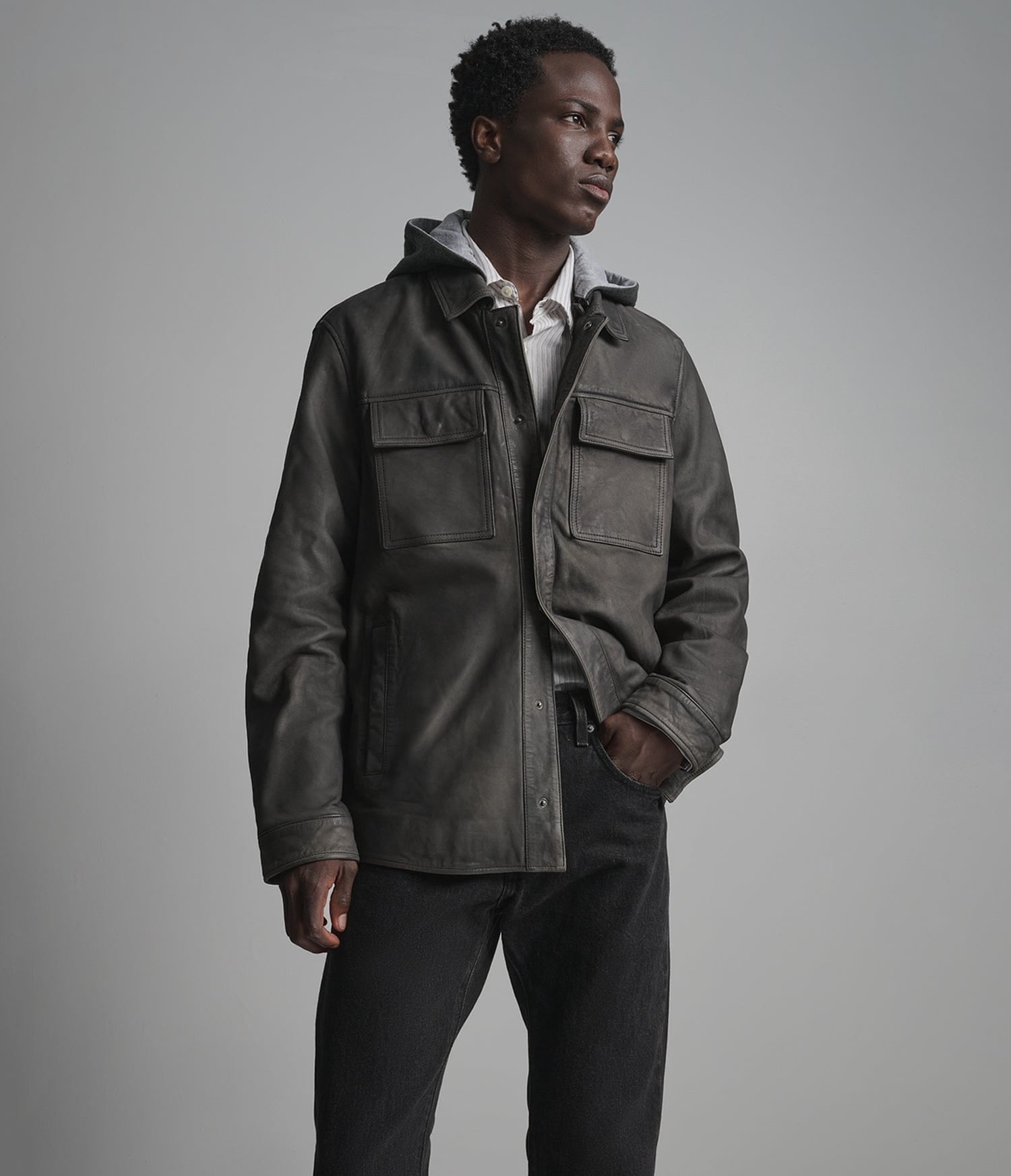 Men's Gray Trucker Leather Jacket - Arcane Fox