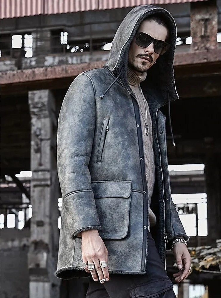 Men's Hooded Shearling Distressed Leather Coat In Gray - Arcane Fox