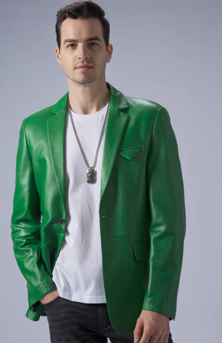 Men's Leather Blazer In Green