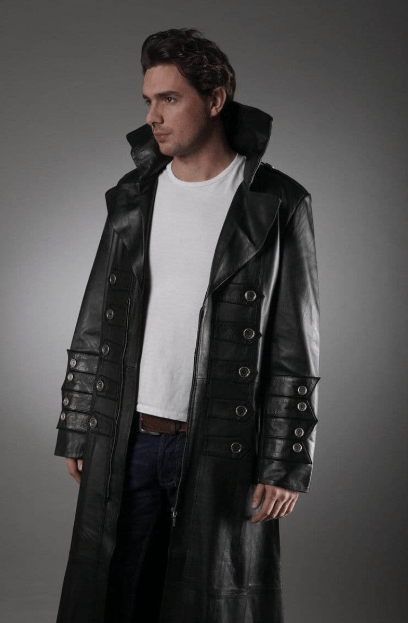 Men's Long Leather Coat In Black
