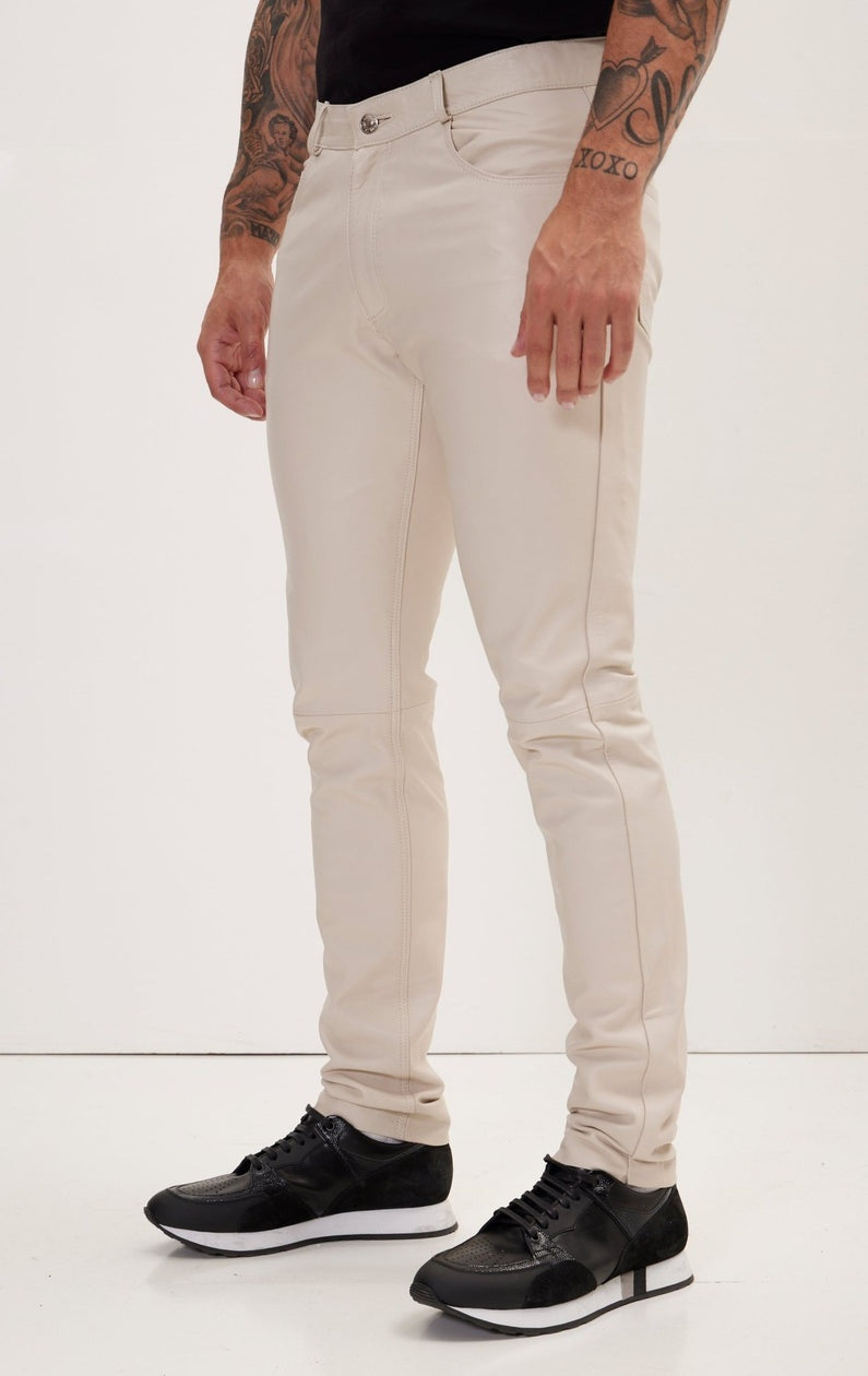 Men's Off White Leather Biker Pant