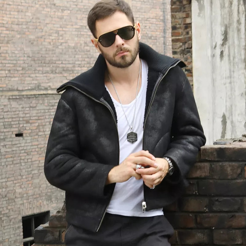 Men's Oversized Collar Shearling Black Leather Jacket