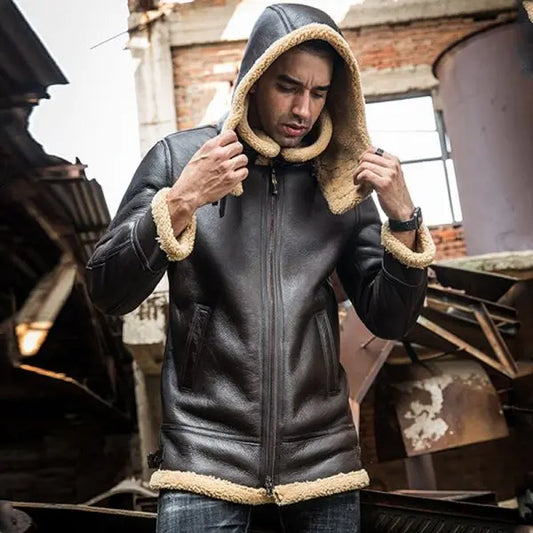 Arcane Fox - Men's Shearling B3 Parka Leather Jacket In Coffee Brown