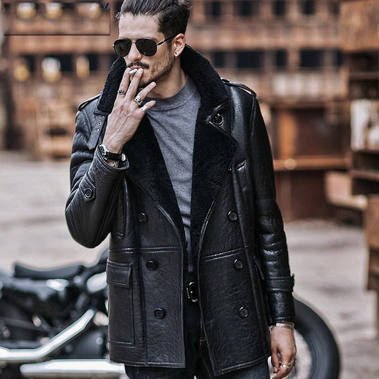 Men's Shearling Fur Leather Coat In Black