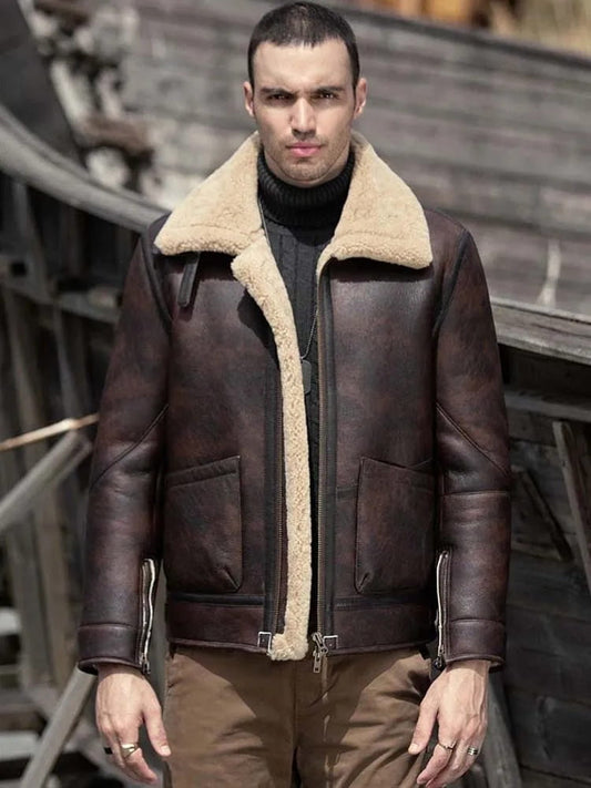 Men's Shearling Harrington Distressed Leather Jacket In Brown - Arcane Fox