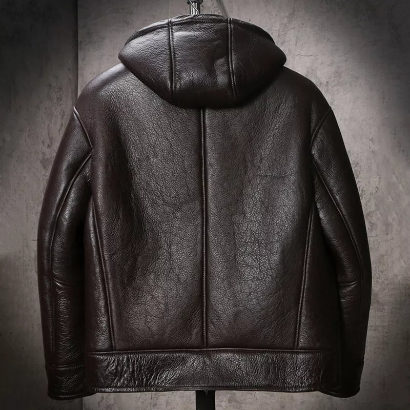 Men's Shearling Hooded Leather Jacket In Coffee Brown
