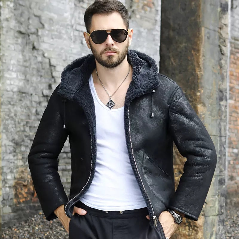 Men's Sheepskin Hooded Black Leather Jacket