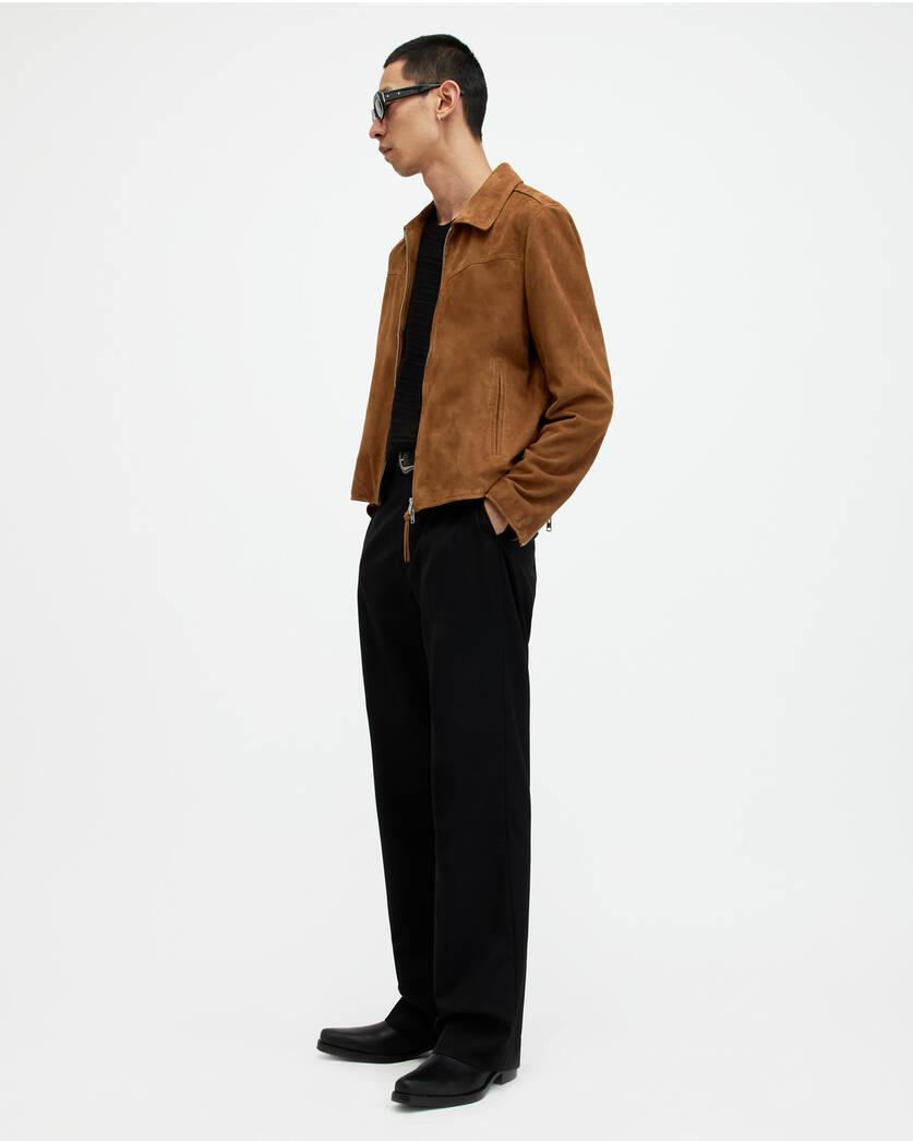 Men's Suede Leather Jacket In Brown