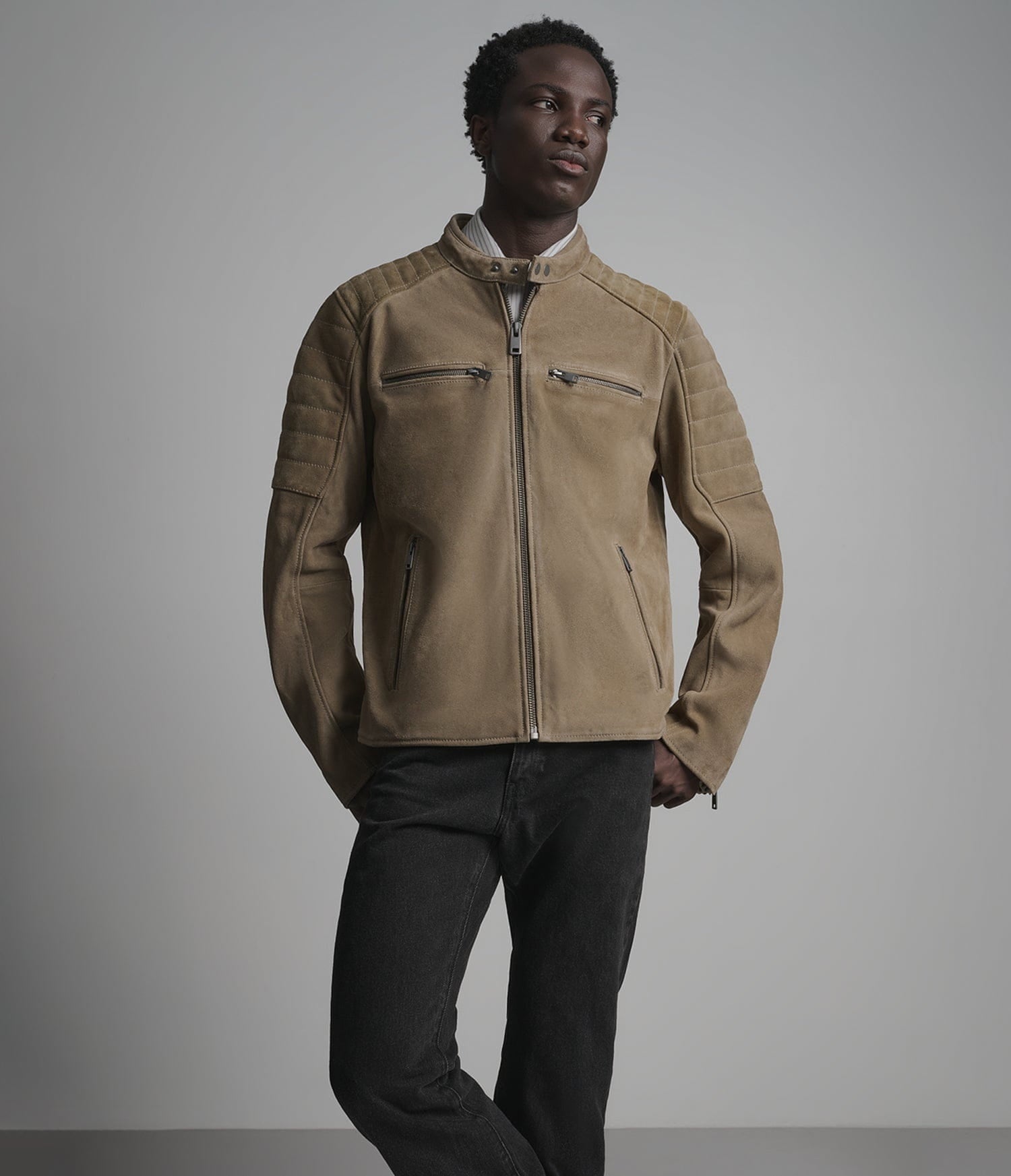 Men's Tan Cafe Racer Suede Leather Jacket - Arcane Fox