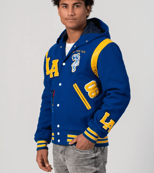 Men's Varsity Bomber Leather Jacket In Blue With Hood