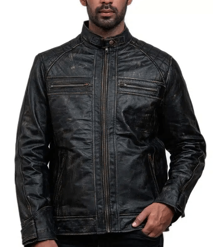 Men's Vintage Motorcycle Leather Jacket In Black