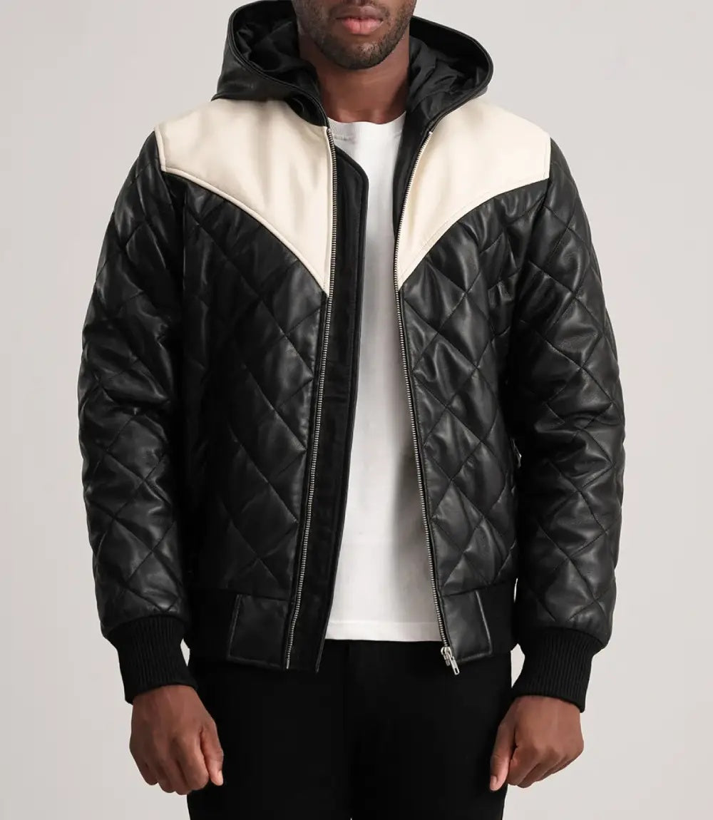 Men's Quilted Hooded Leather Jacket