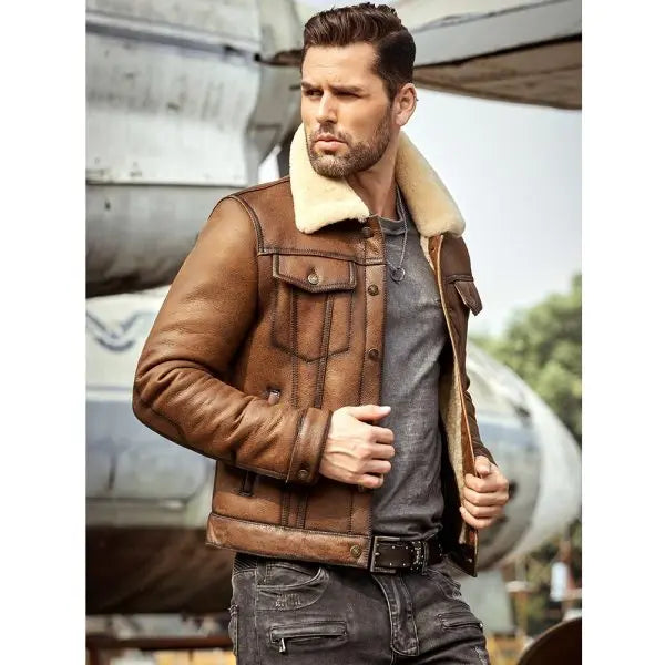 Men's Shearling Trucker Leather Jacket In Brown - Arcane Fox