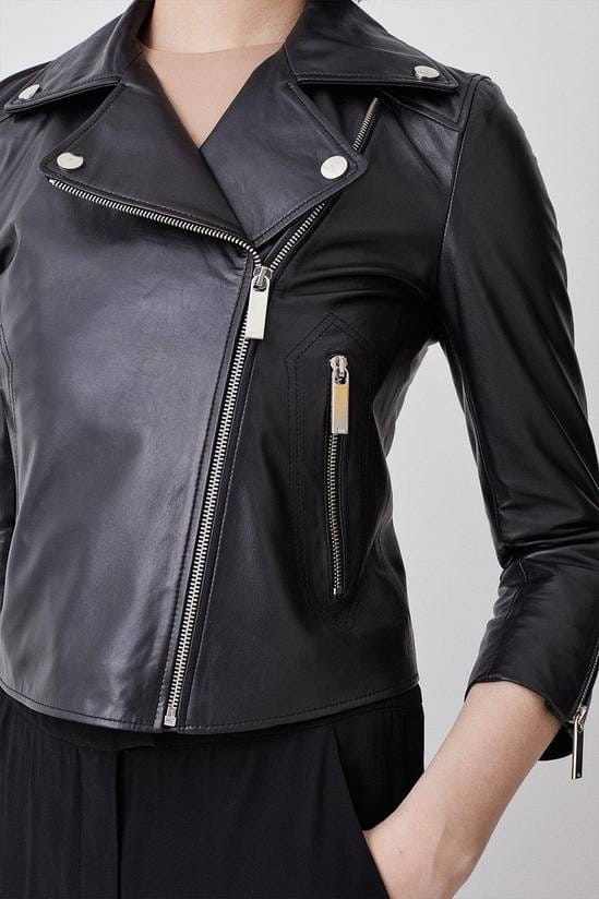 Women's 3/4 Sleeves Biker Leather Jacket In Black - Arcane Fox