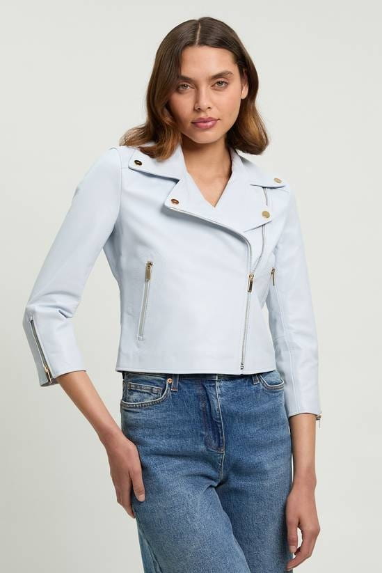 Women's 3/4 Sleeves Leather Biker Jacket In Pale Blue 