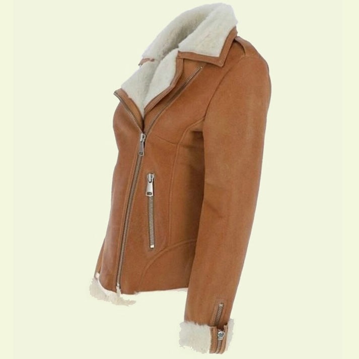 Arcane Fox - Women's B3 Shearling Biker Leather Jacket In Brown