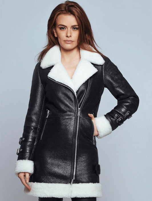 Women's B7 Bomber Sheepskin Leather Coat In Black