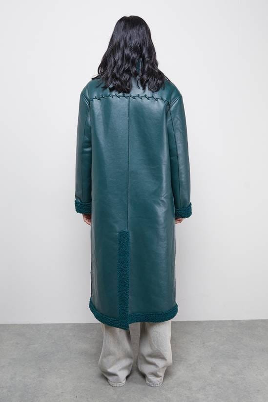Women's B7 Shearling Trench Leather Coat In Deep Sea Green - Arcane Fox
