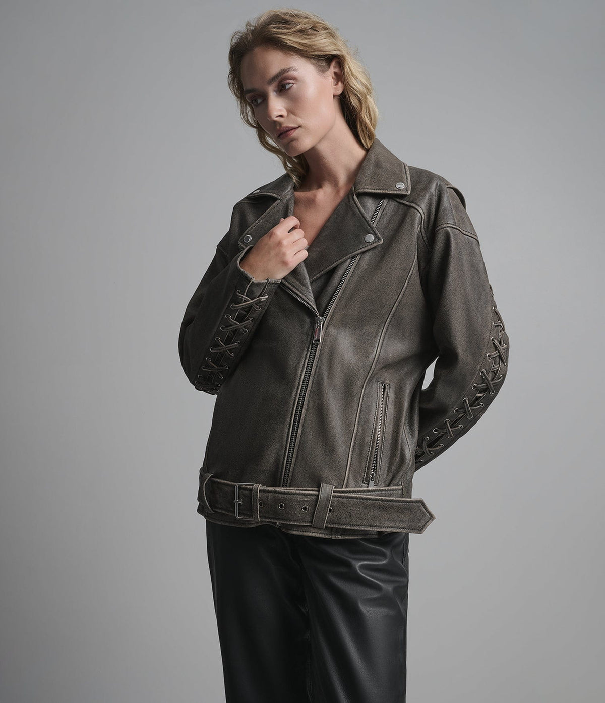 Women's Belted Biker Distressed Leather Jacket - Arcane Fox