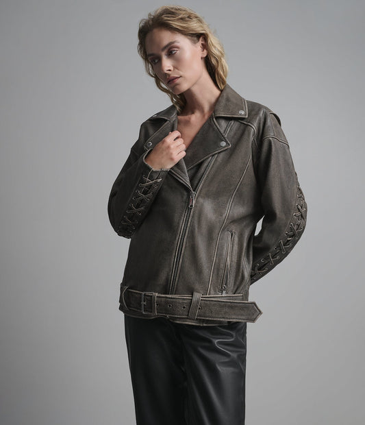 Women's Belted Biker Distressed Leather Jacket - Arcane Fox