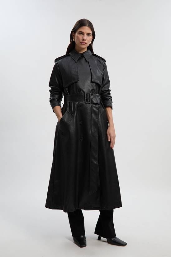 Women's Belted Leather Trench Coat In Black - Arcane Fox
