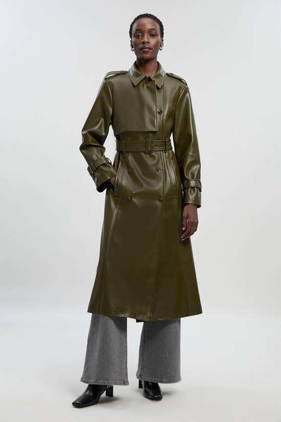 Women's Belted Leather Trench Coat In Olive - Arcane Fox