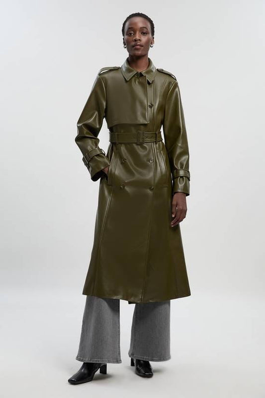 Women's Belted Leather Trench Coat In Olive - Arcane Fox