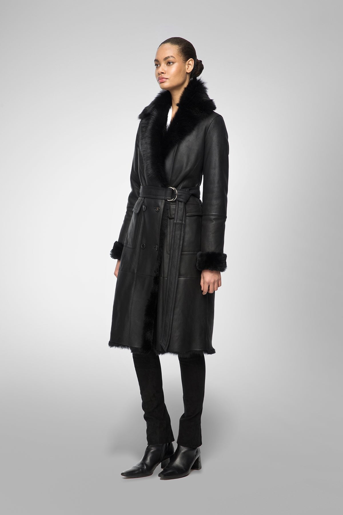 Women's Belted Shearling Bomber Leather Coat In Black