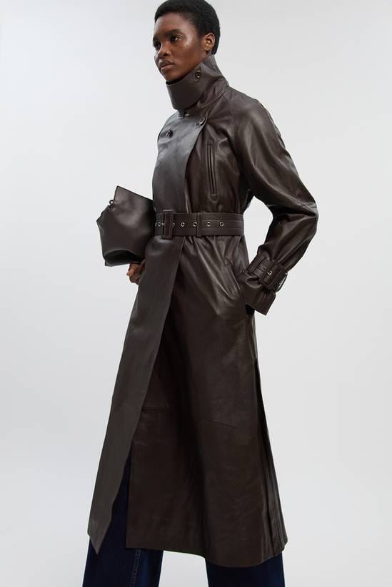 Women's Belted Trench Leather Coat In Chocolate Brown - Arcane Fox