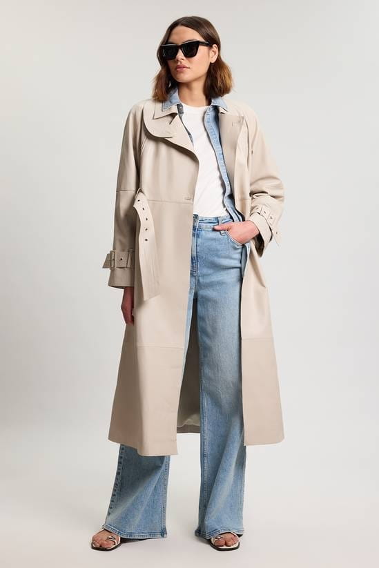 Women's Belted Trench Off White Leather Coat - Arcane Fox