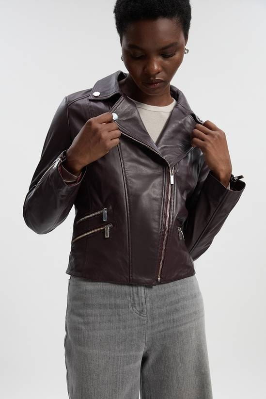Women's Biker Cafe Racer Leather Jacket In Dark Brown - Arcane Fox