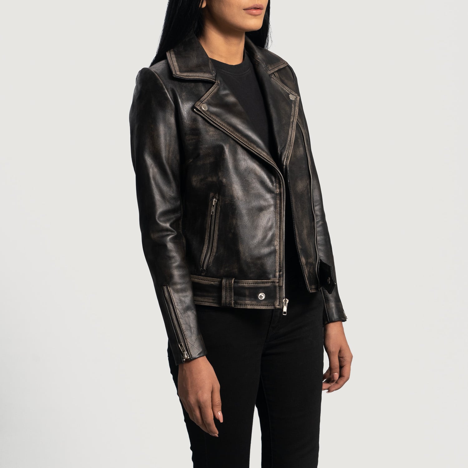 Women's Biker Distressed Leather Jacket In Black