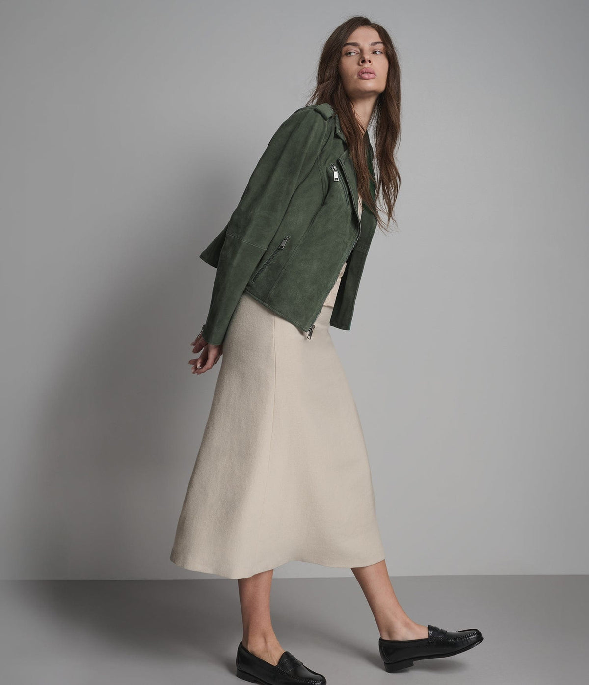 Women's Biker Suede Leather Jacket In Olive - Arcane Fox