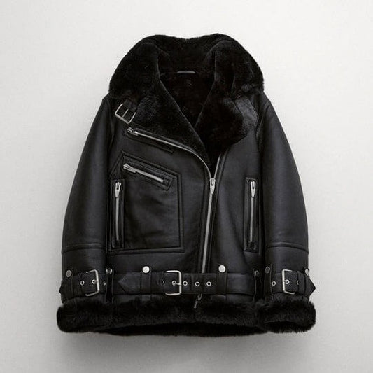Women's Black B7 Fur Leather Jacket With Belted Waist