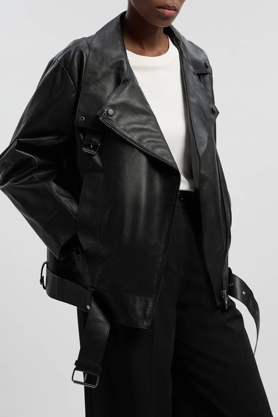 Women's Black Belted Motorcycle Leather Jacket - Arcane Fox